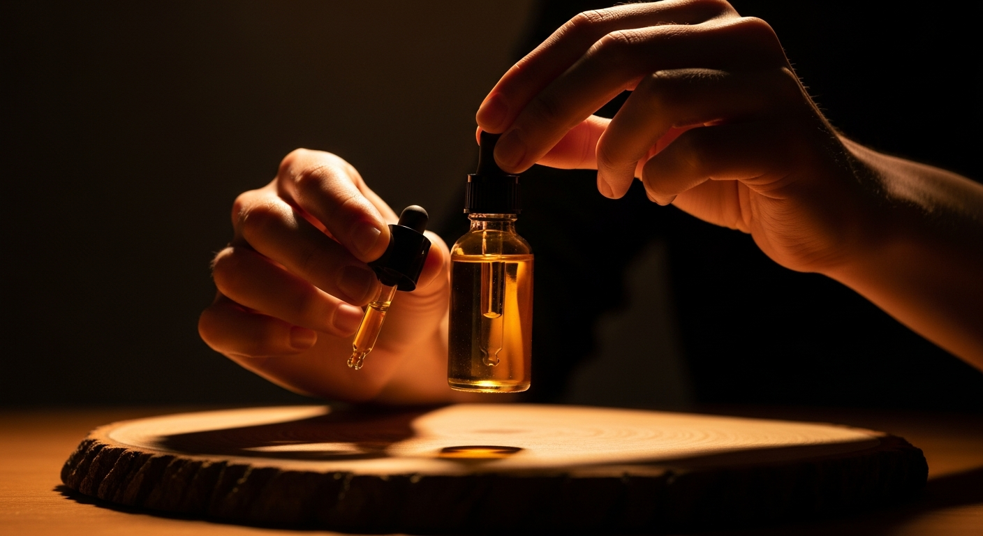 Flacon d'huile de CBD avec certificat d'analyse laboratoire sur fond naturel