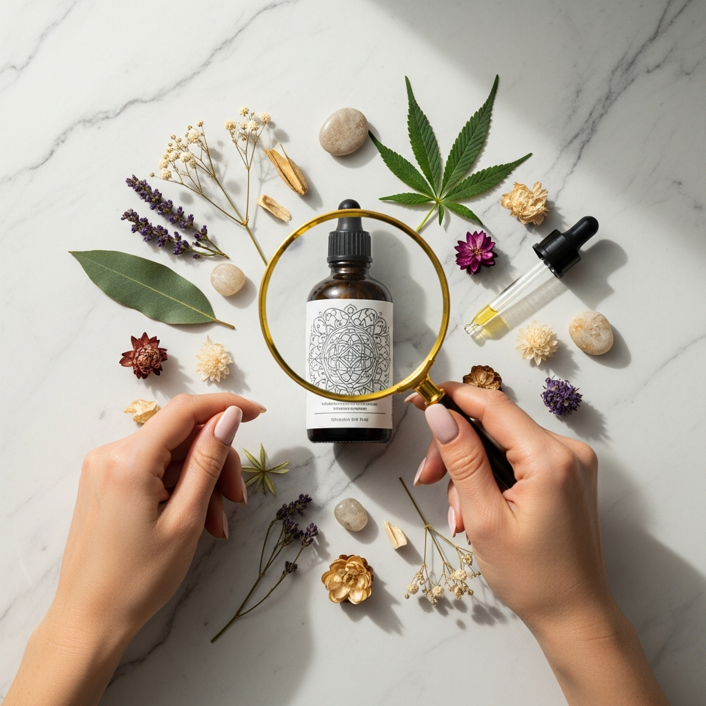 Loupe vérifiant étiquette produit CBD avec informations traçabilité
